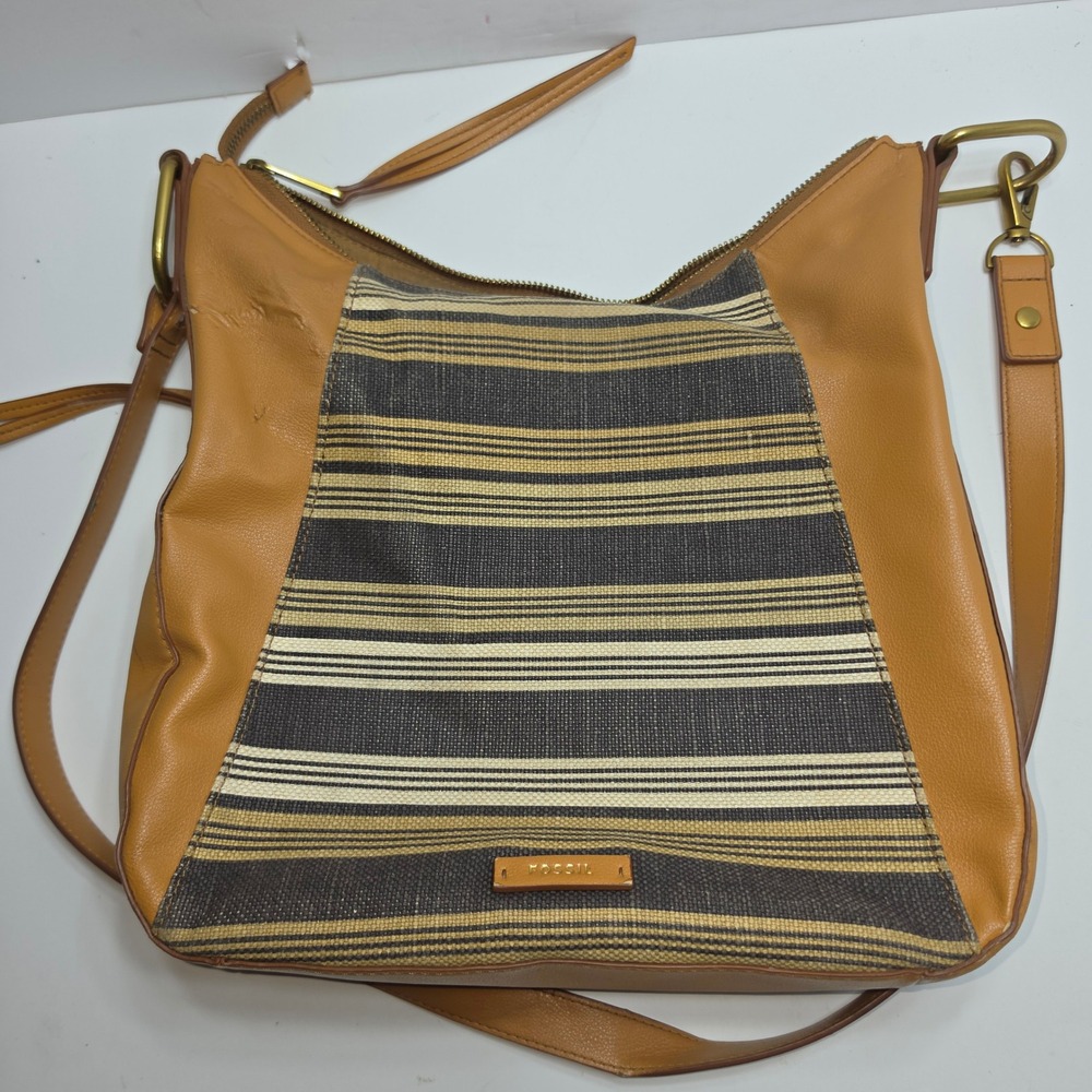 Fossil Maya Leather Canvas Striped Hobo Crossbody Bag Tan Brown